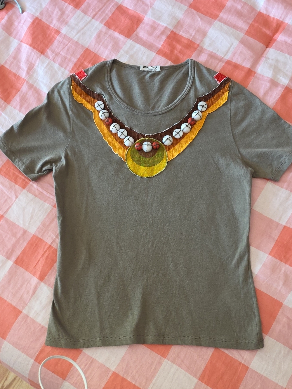 Miu Miu Olive Green Embroidered Beaded Necklace Tee